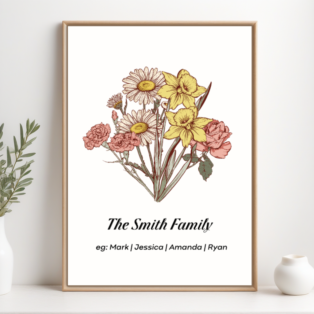 Personalized Birth flower Names Frame  as Gift for Mum, Family