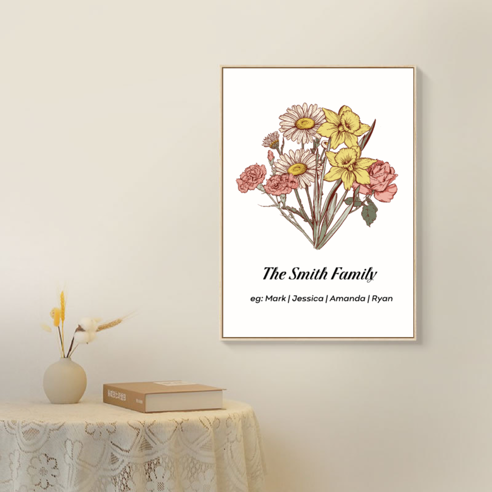 Personalized Birth flower Names Frame  as Gift for Mum, Family