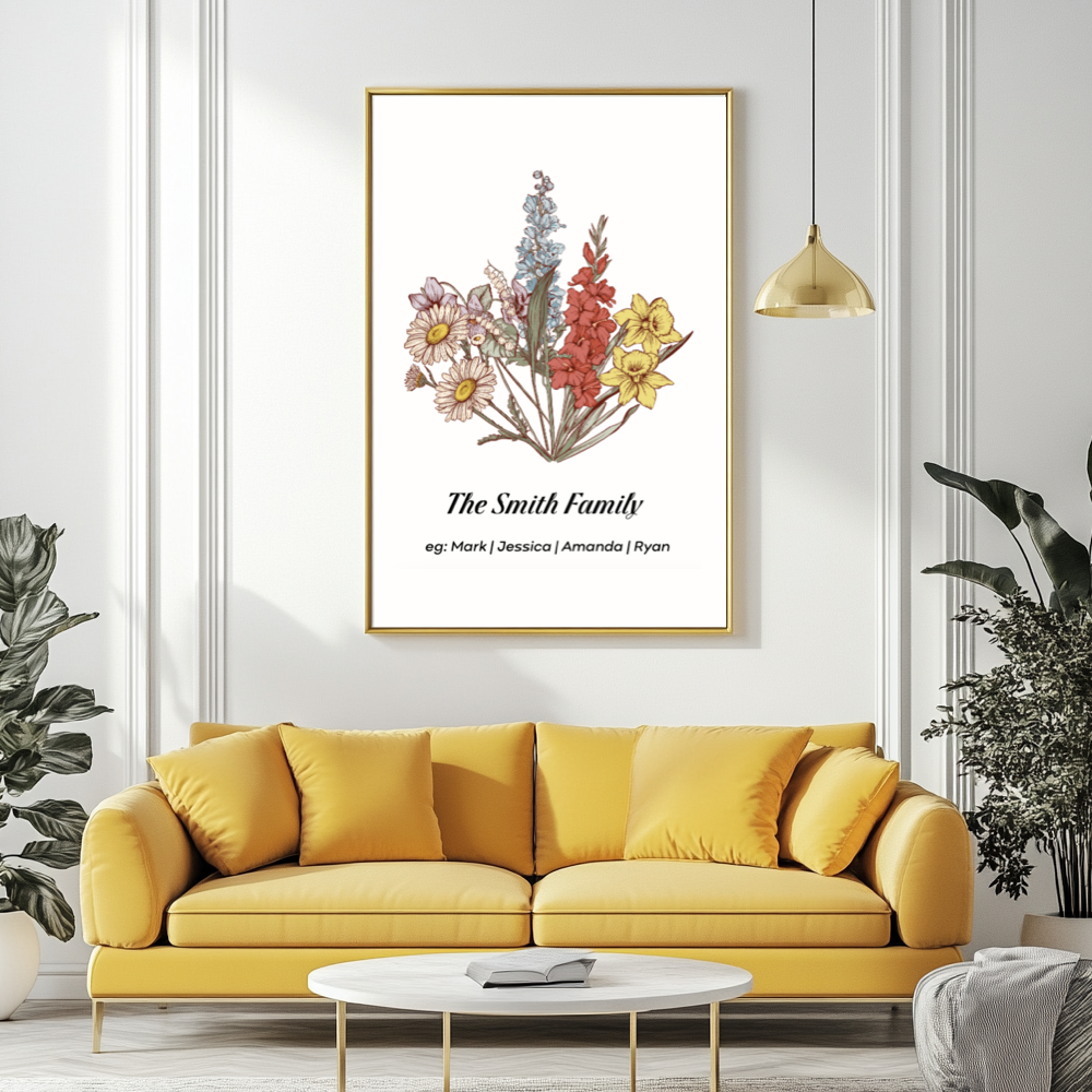 Personalized Birth flower Names Frame  as Gift for Mum, Family