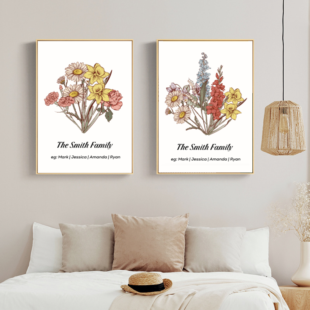 Personalized Birth flower Names Frame  as Gift for Mum, Family