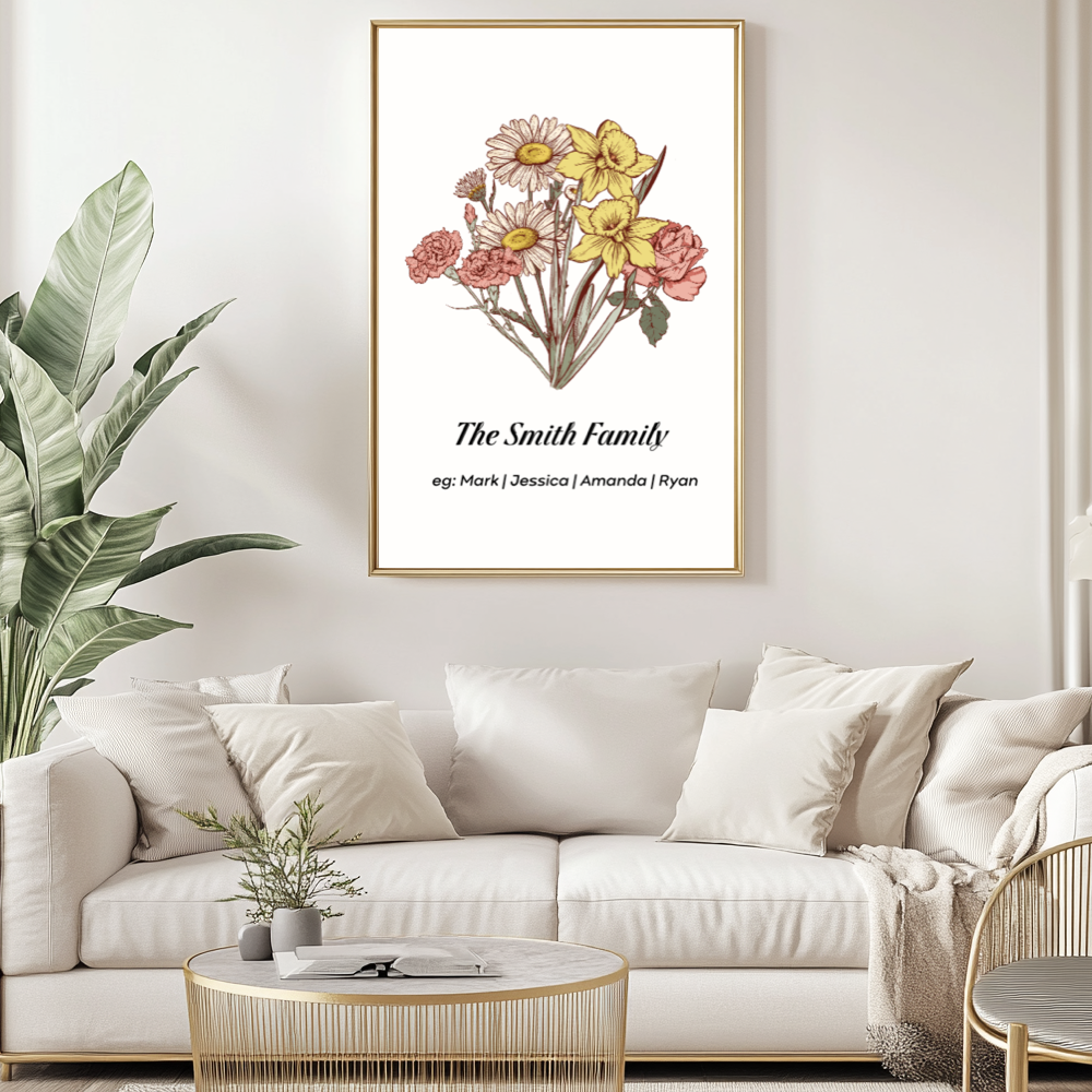 Personalized Birth flower Names Frame  as Gift for Mum, Family