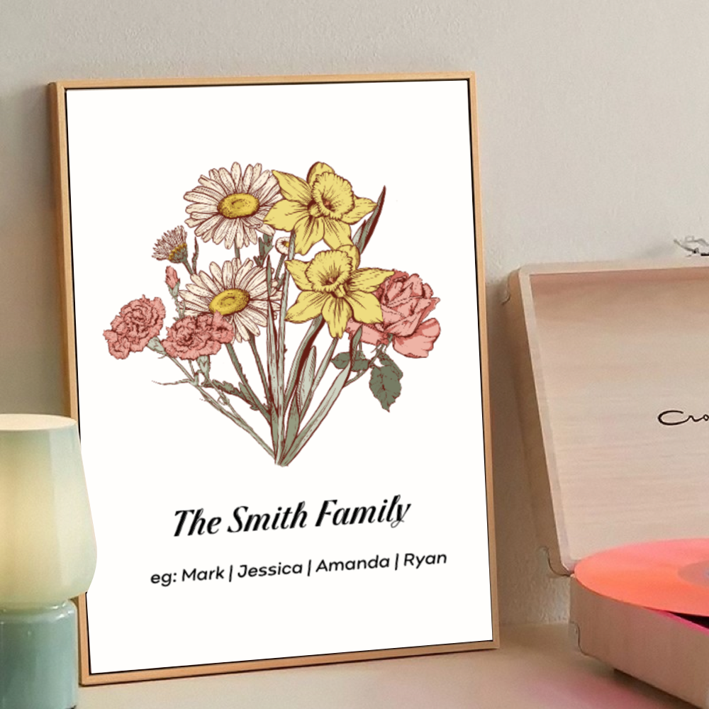 Personalized Birth flower Names Frame  as Gift for Mum, Family