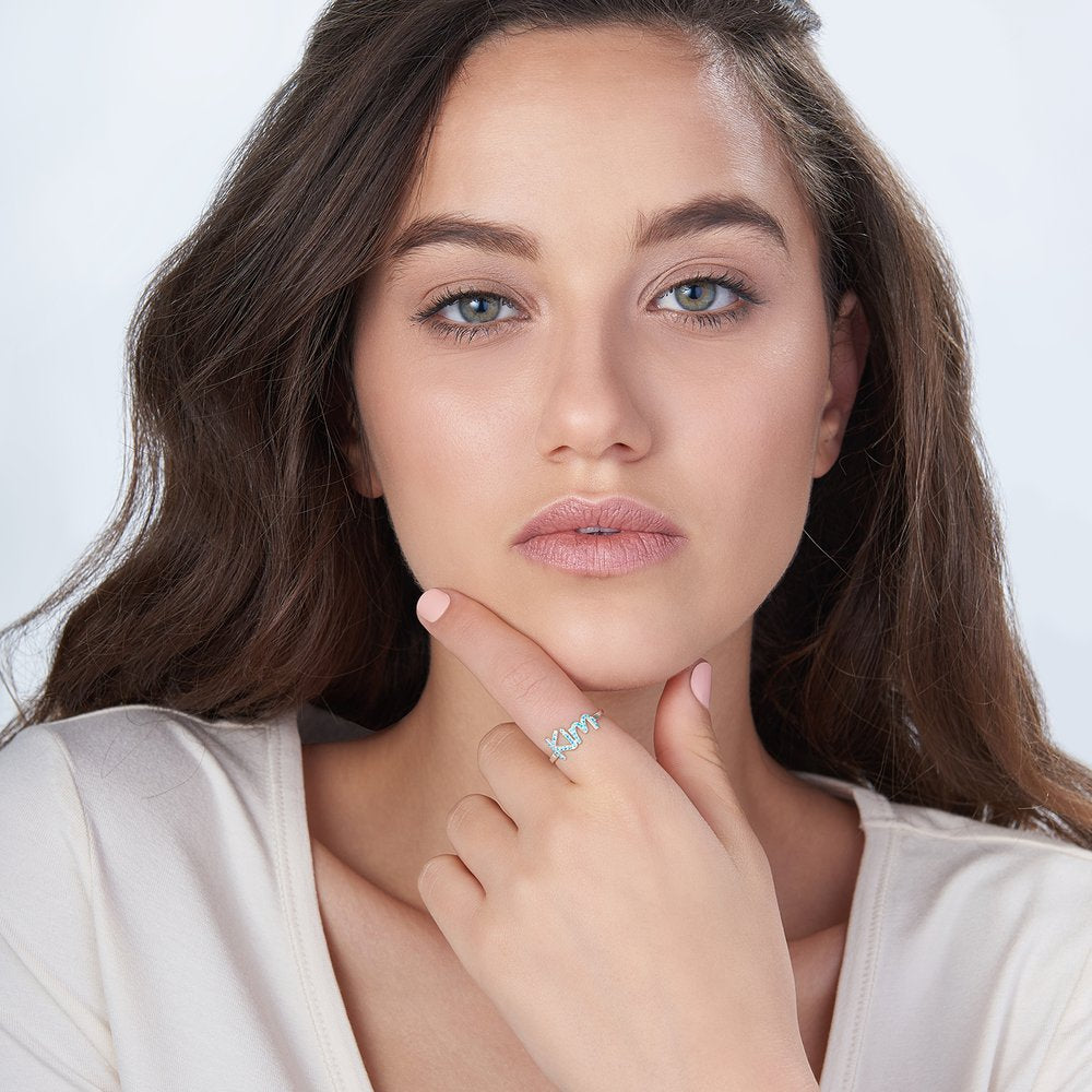 Personalized Full Silver Name Ring with Stone